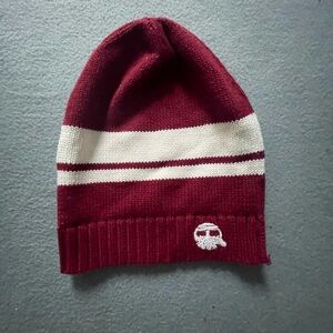 Burgundy and White Knit Beanie